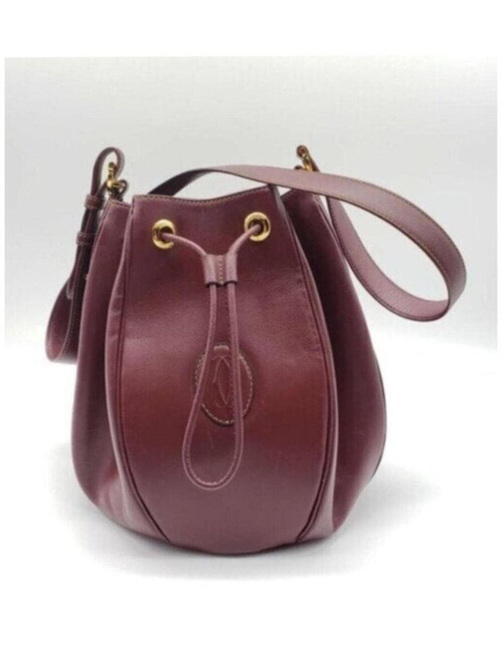 Authentic Cartier Burgundy Leather Bucket Bag Drawstring Crossbody - Picture 3 of 16